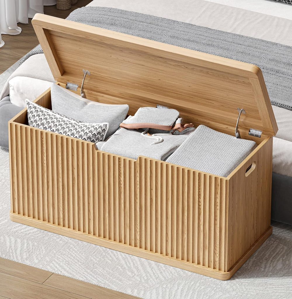 Akxomel 37.4" Fluted Storage Chest Wooden Storage Trunk 2 Safety Hinges ...