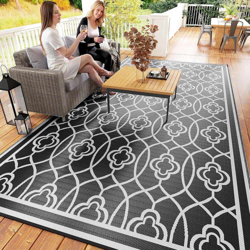 Outsunny Outdoor Rug for Patio Waterproof 9' x 18' Black & White ...