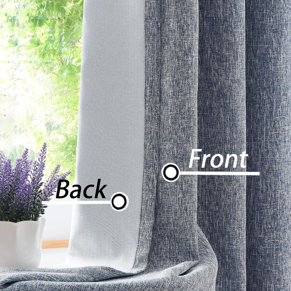 Navy Solid Full Blackout Curtain Heavy Linen Texture Window Treatment for Bed...