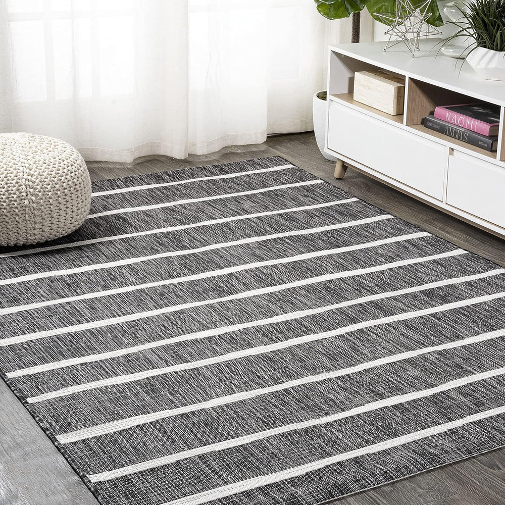 JONATHAN Y Berber Stripe Indoor Outdoor Area Rug 4X6 Black/Ivory, Colonia for...