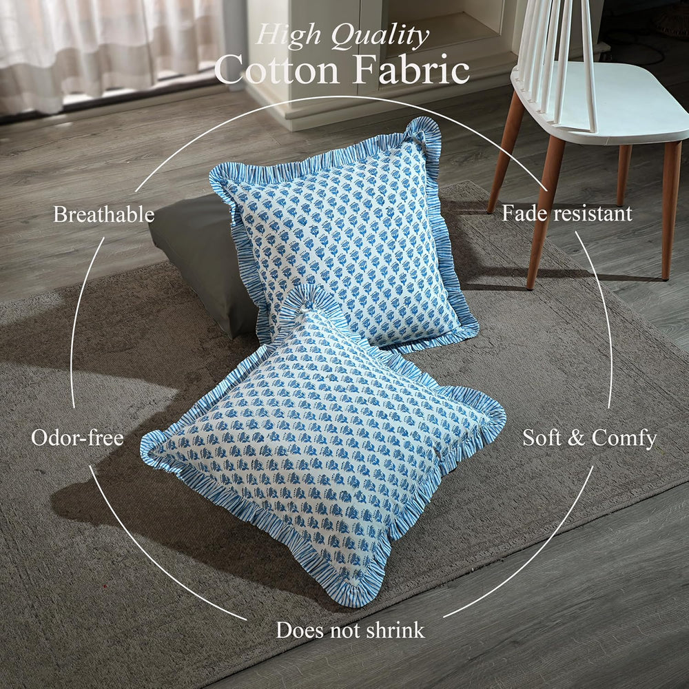 CPC Apatite Blue Block Print Ruffle Pillow Cover 18x18 Inch, Pack of 2