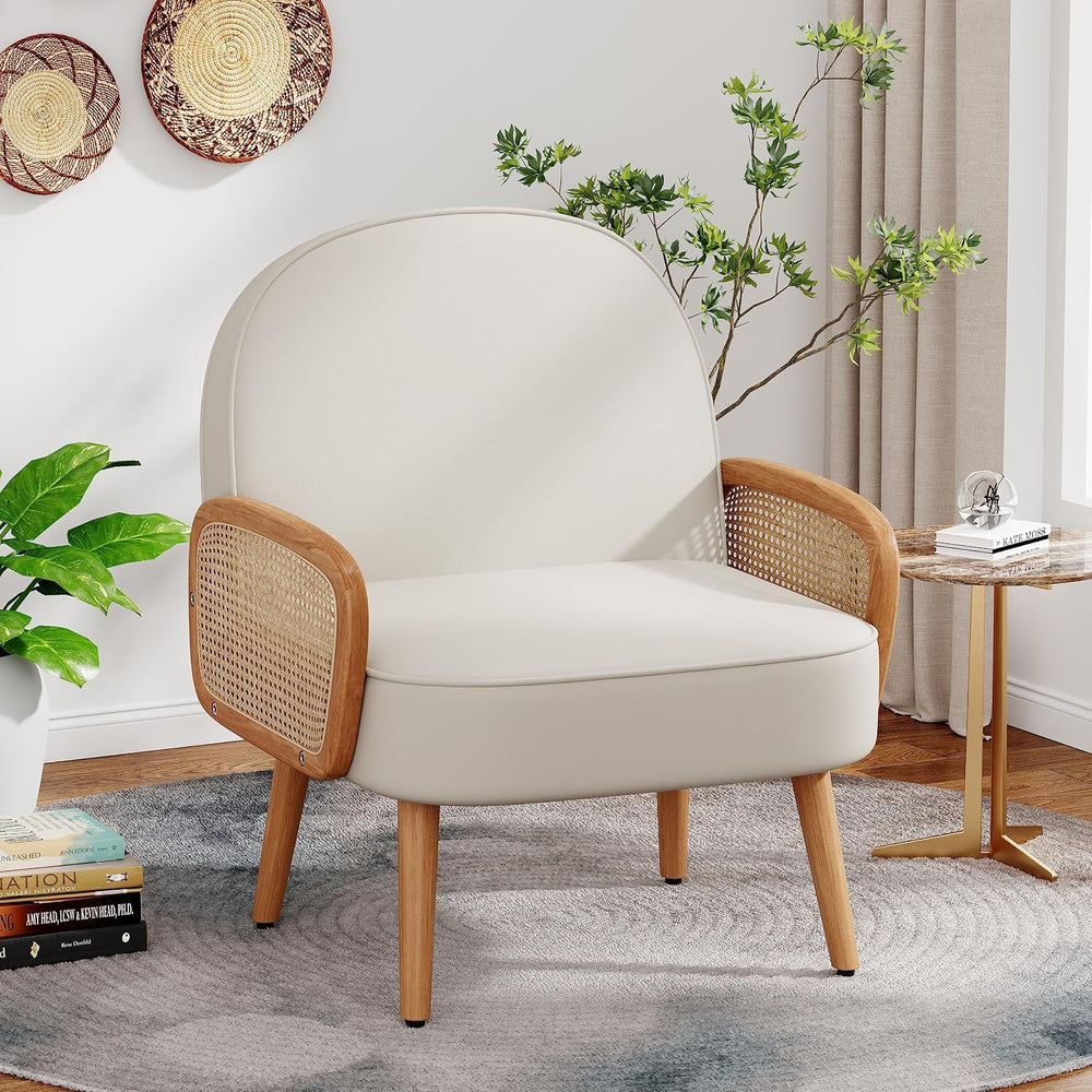 Aklaus Mid Century Modern Accent Chair Armchair with Rattan Arms Upholstered ...