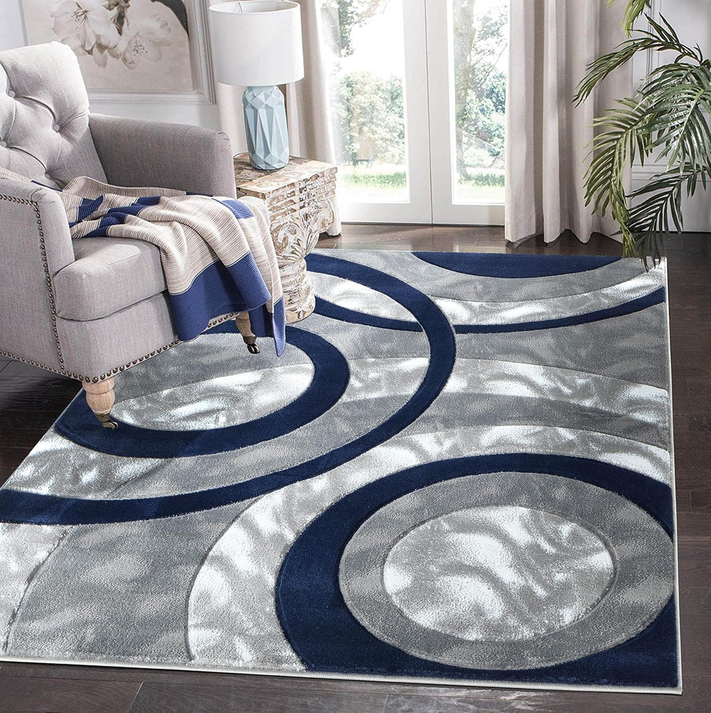 GLORY RUGS Area Rug Modern 5x7 Navy Circles Geometry Soft Hand Carved Contemp...