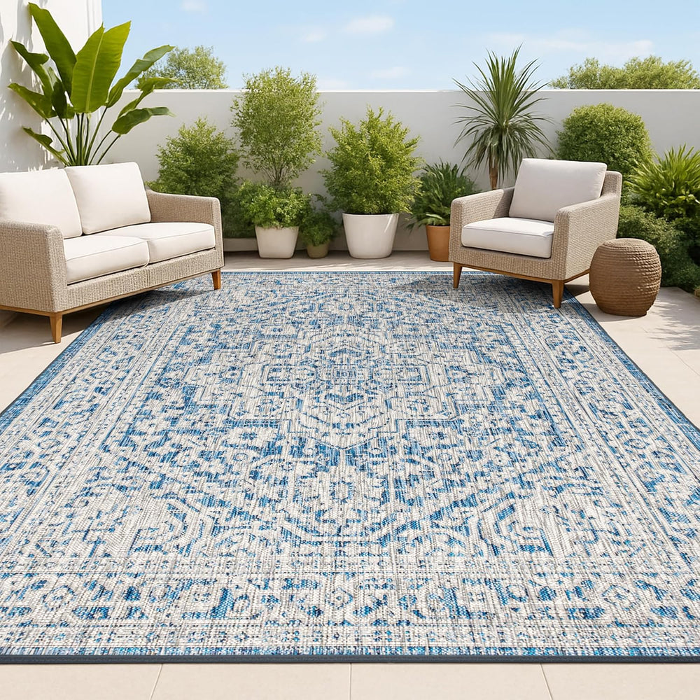 JONATHAN Y Medallion Weave Indoor Outdoor Area Rug 10X14 Navy/Gray, Sinjuri T...