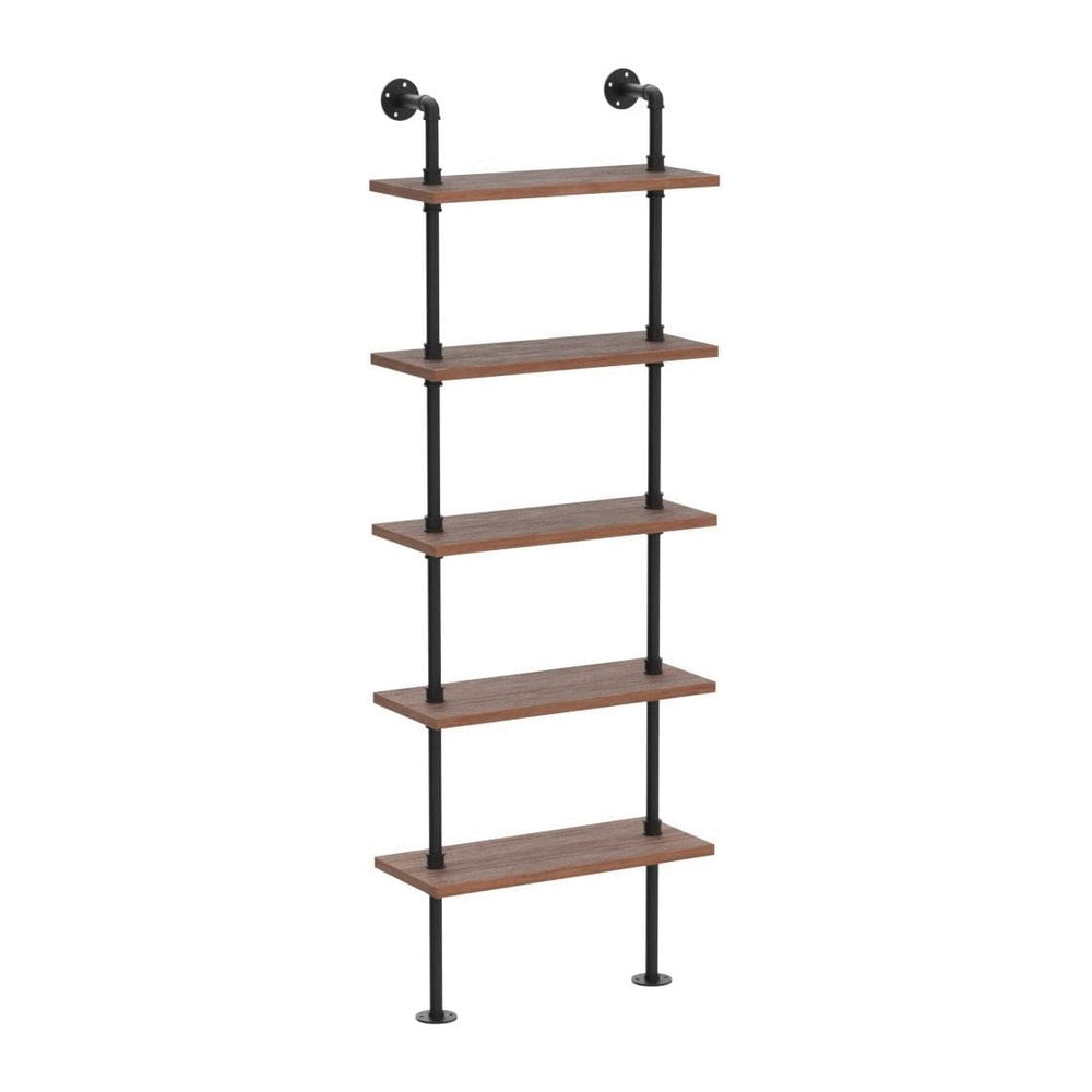 5 Tier Industrial Ladder Bookshelf, Wall Mounted Wood Metal Rustic Pipe Shelv...