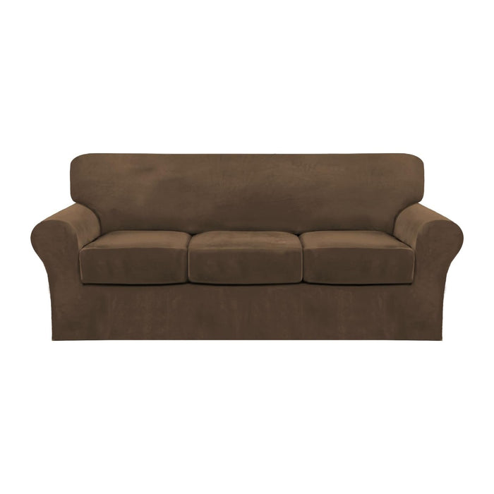 FantasDecor 4 Piece Sofa Velvet Couch Covers, Sofa, Bronze Brown | 3 Cushion, Stretch Slipcover, Individual Seat Cushion, Elastic Furniture Protector for Pets, Machine Washable