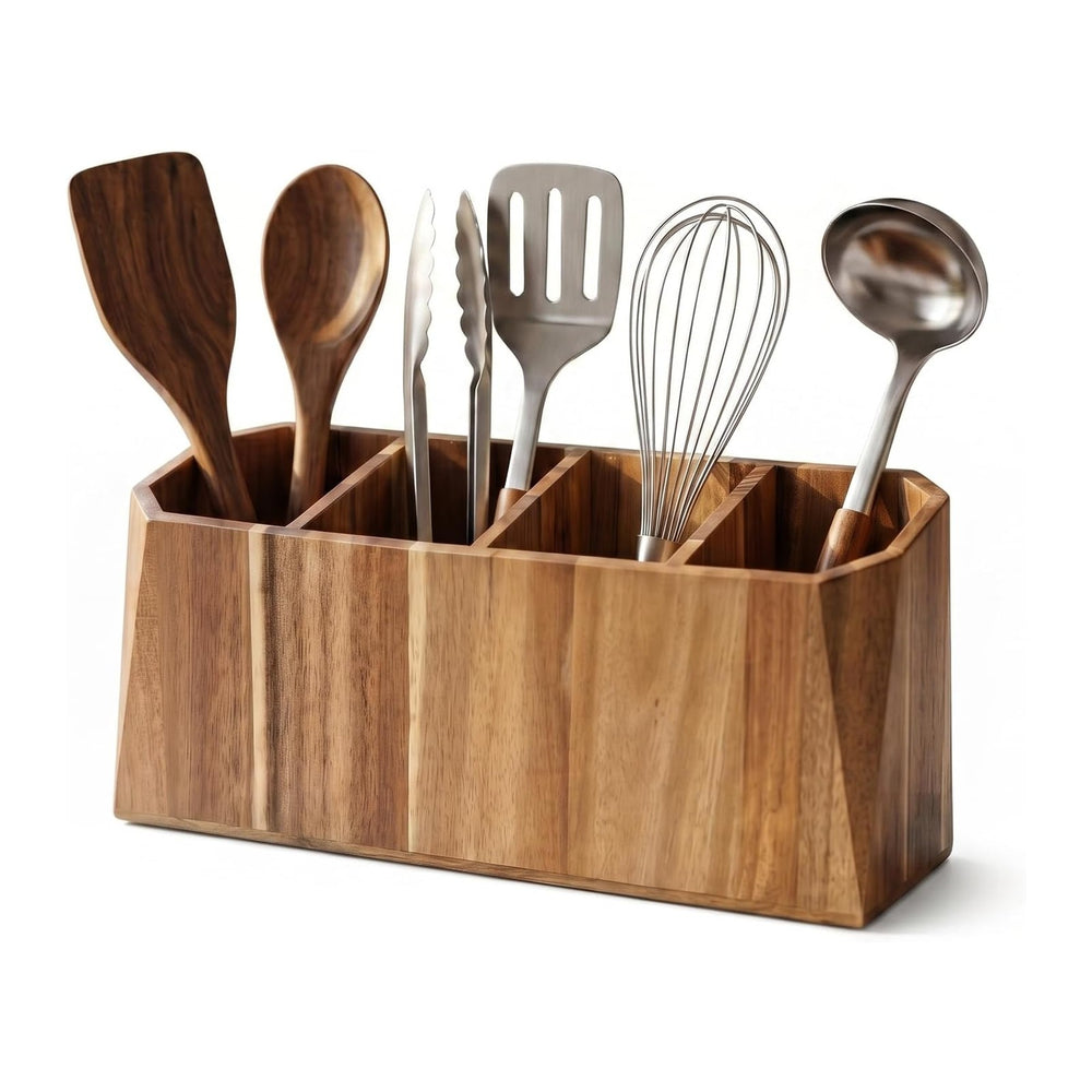 Large Kitchen Utensil Holder for Countertop – Acacia Wood Utensil Organizer