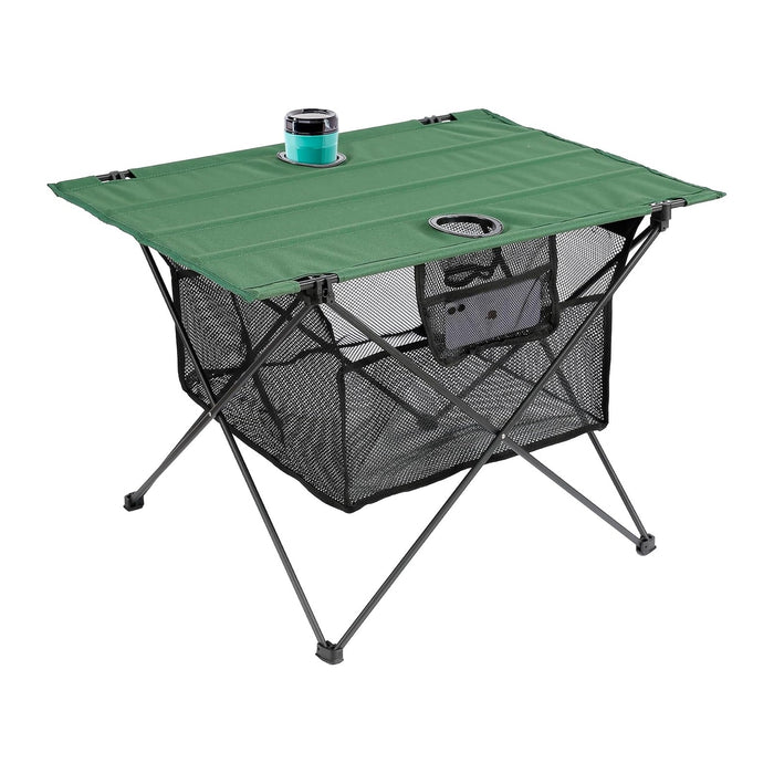 Lightweight Camping Table - Portable Folding Beach Side Table w/2 Cup Holders & Large Storage Basket, Compact Fold for Tailgate Travel Outdoor Fishing Picnic | 29.2" W x 21.7" D (Green)