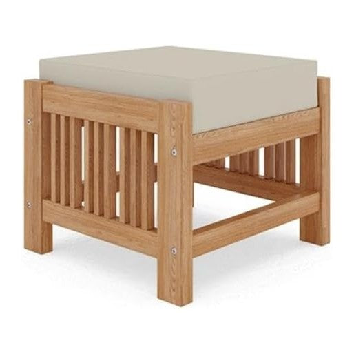 Pemberly Row Modern Teak Outdoor Ottoman, 18 x 18 x 12 in, Canvas Cushions, B...