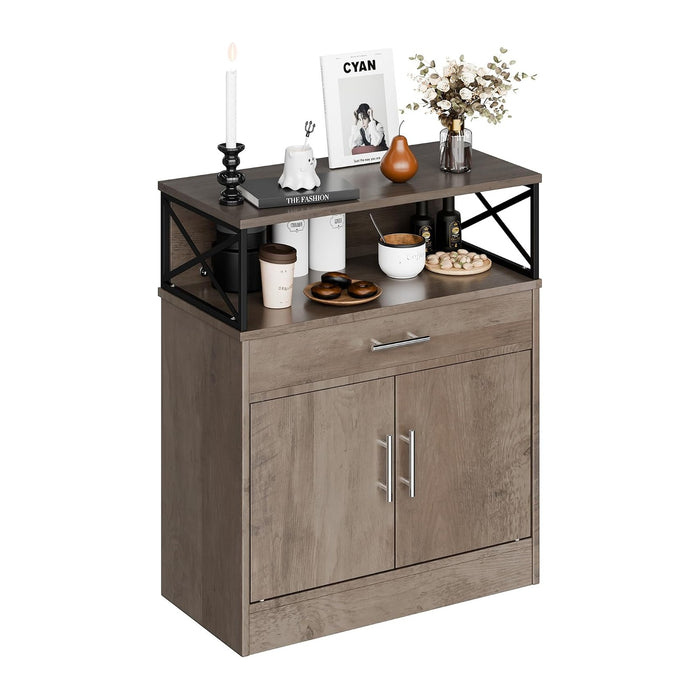 SUNLEI Kitchen Buffet Sideboard Cabinet, Storage Cabinets with 2 Doors and 1 Drawers, Open Storage & Adjustable Shelf, Farmhouse Coffee Bar Cabinet with Storages for Kitchen, Rustic Grey