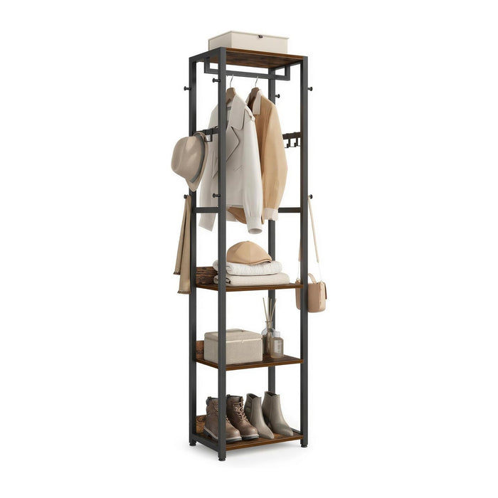 VASAGLE Coat Rack, Freestanding Hall Tree with Shelves, Hanging Rail, and Hooks, Space-Saving Coat Stand, Steel Frame, for Clothing, Bags, Hats, Ink Black and Rustic Brown URCR061BD04