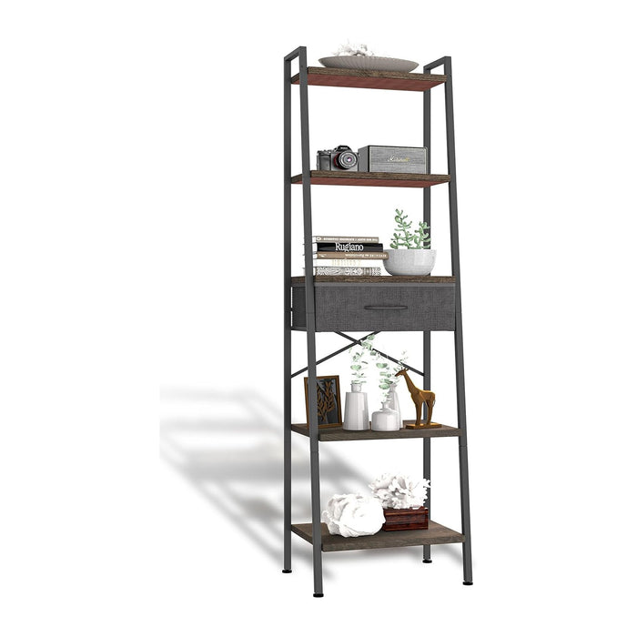 Whitmor 5-Tier Bookshelf with Drawer, Tall Narrow Bookcase with Wood Shelves & Metal Frame, Modern Display Storage Shelf for Living Room, Bedroom, Bathroom, Kitchen, Black