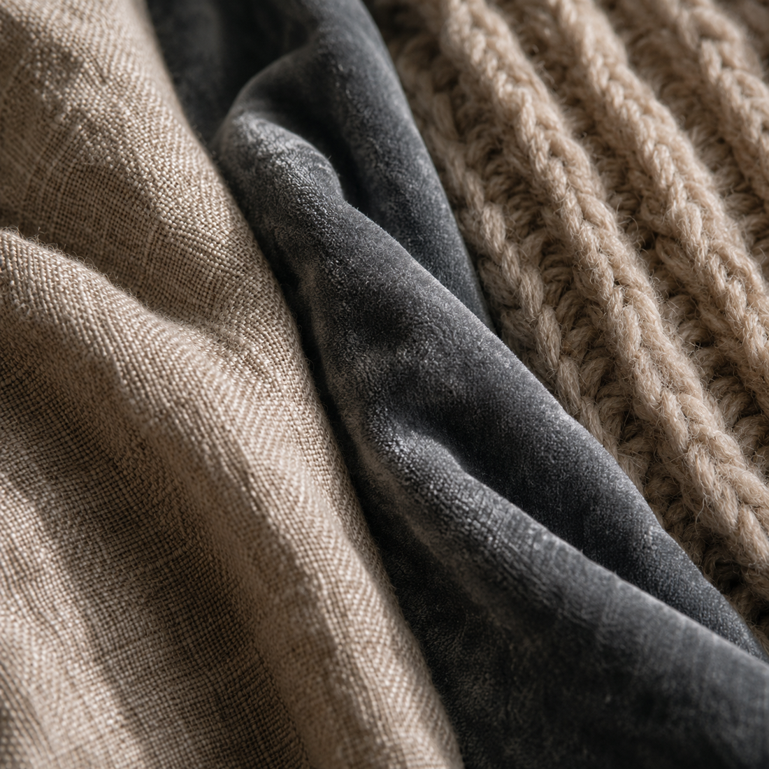 Close-up of linen, velvet and ribbed knit fabrics