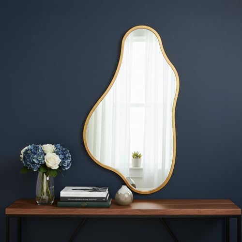 32x18 Inch Irregular Wall Mirror, Vertical Wavy Design, Gold Asymmetrical Met...