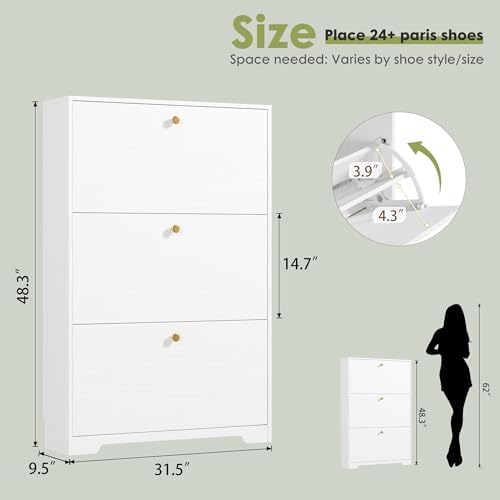 Shoe Cabinet with 3 Flip Drawers, Narrow Shoe Organizer Cabinet, Freestanding...