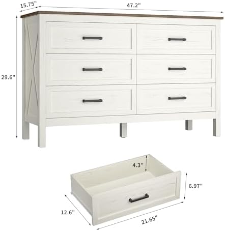 Farmhouse 6 Drawers Dresser for Bedroom, Antique White