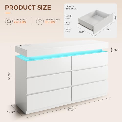 6 Drawer Dresser with LED Lights and Charging Station, Modern White Dresser