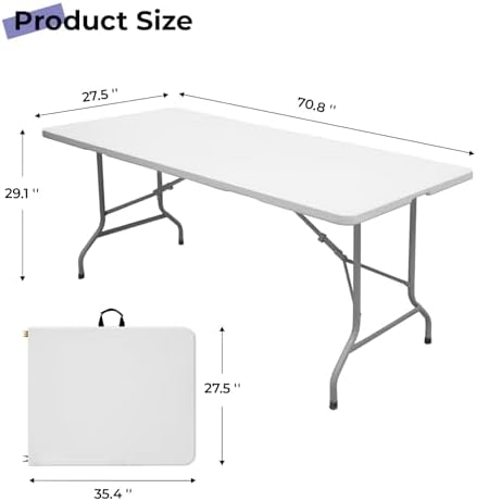 Folding Table 6ft, Heavy Duty Plastic Fold-in-Half Utility Table, White