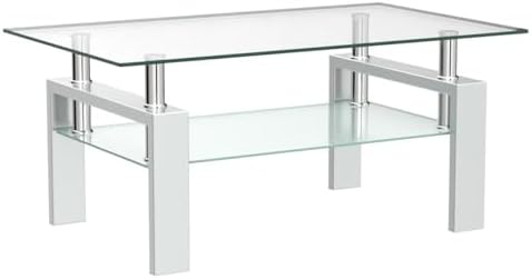 Glass Coffee Table for Living Room, Modern Coffee Table with Transparent Temp...