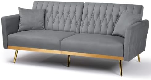 70” Velvet Futon Sofa Bed w/Adjustable Armrests, Grey