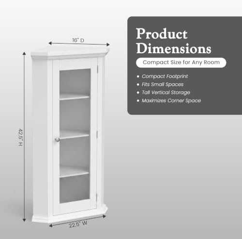 Kings Brand Corner Curio Display Cabinet w/Glass Door & Shelves, White