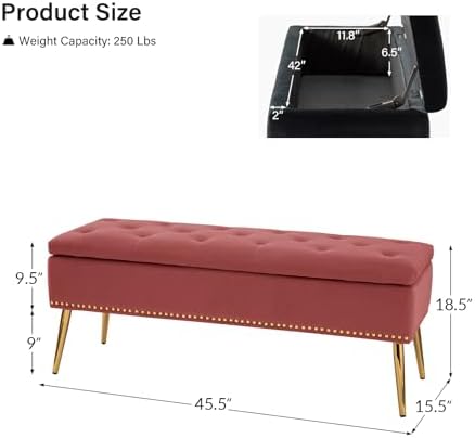 HULALA HOME Modern Velvet Storage Ottoman Bench with Gold Base & Nailhead Trim, Upholstered Bedroom Bench for End of Bed, Button-Tufted Footstool for Entryway Living Room Dining Room, Rosewood