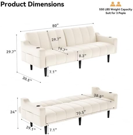 Brelice 80'' Leather Couch, Futon Sofa Bed, Faux Leather Couch with A...