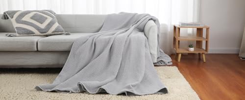 100% Cotton Waffle Blanket for Bed King Size, Light Grey, 104 x 90 Inches