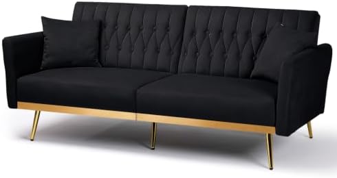 70” Velvet Futon Sofa Bed w/Adjustable Armrests, Black