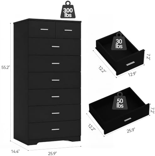 GEPELCN 55.2" Tall Dresser with Charging Station Wooden 8 Drawer Dresser...