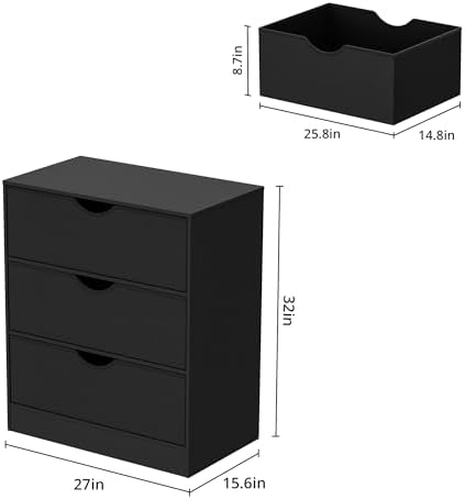 Housoul 3 Drawers Dresser with PU Drawer and Wood Frame, Black Chest with Lar...