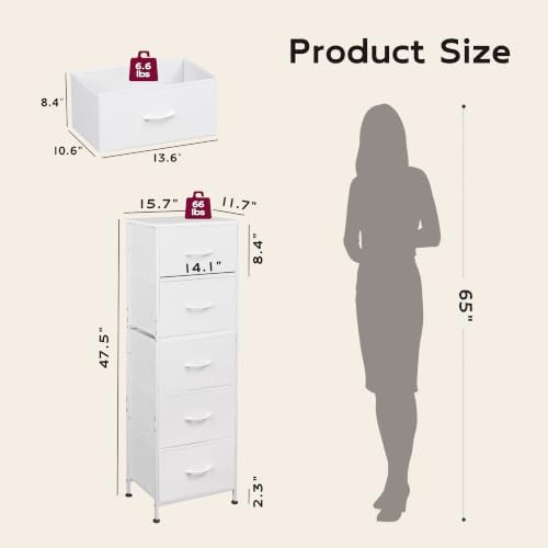 WLIVE Tall Dresser for Bedroom, 5 Drawer Dresser, White