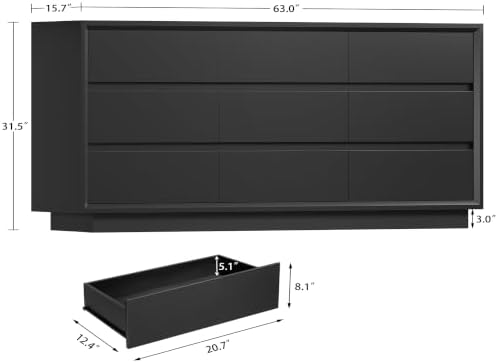 TEENFON 63" Dresser for Bedroom with 9 Drawers, Black Dresser with Metal...