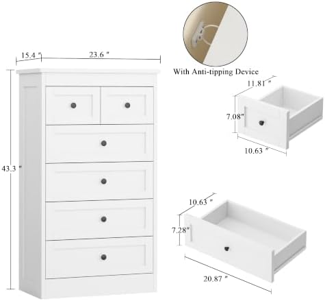 wanan Tall 6 Drawer Dresser for Bedroom, White Modern 43.3'' Tall Woo...