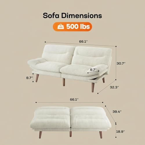 AMADA 66"Convertible Futon Sofa Bed, Corduroy Folding Futon Set with Adj...