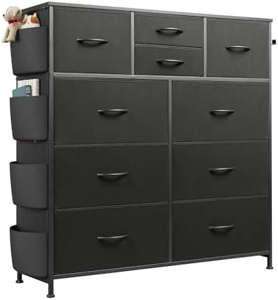 WLIVE 10 Drawer Black Fabric Dresser for Bedroom, Side Pocket & Hooks Chest