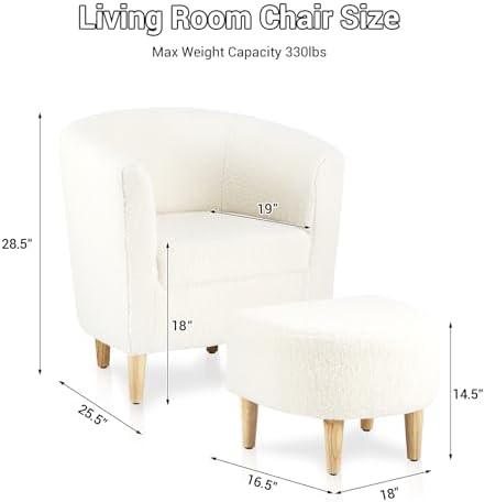 DAZONE Sherpa Accent Chair with Ottoman White Fluffy Teddy Barrel Armchair
