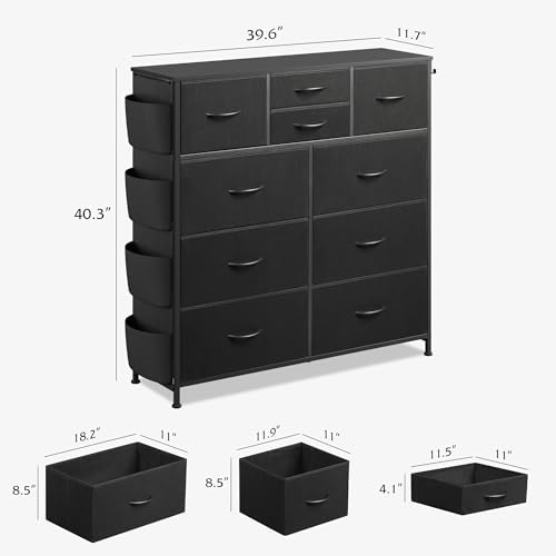 WLIVE 10 Drawer Black Fabric Dresser for Bedroom, Side Pocket & Hooks Chest