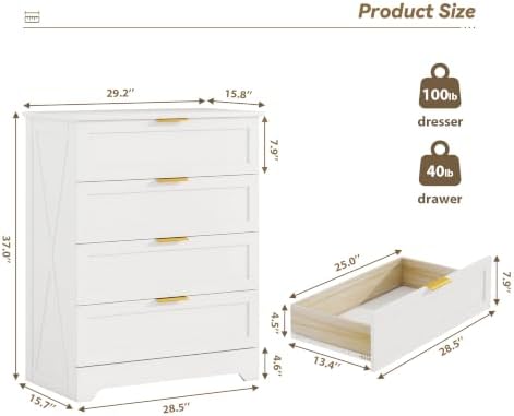 FTZxHKLX White 4 Drawer Dresser for Bedroom, Modern Chest of Drawers