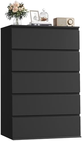 FOTOSOK Black Dresser, Dresser for Bedroom, 5 Drawer Chest of Drawers