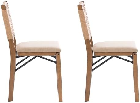 Linon Bennett Natural Folding Chair with Woven Rope Back and Linen Upholstere...