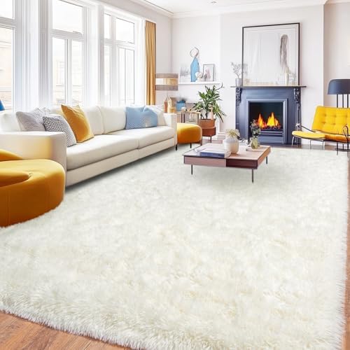 Large Cream White Rugs 8x10, Fluffy Shag Living Room Area Rugs