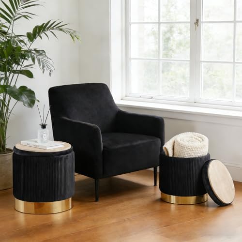 Round Ottoman with Storage Set of 2 Black Velvet Vanity Stool