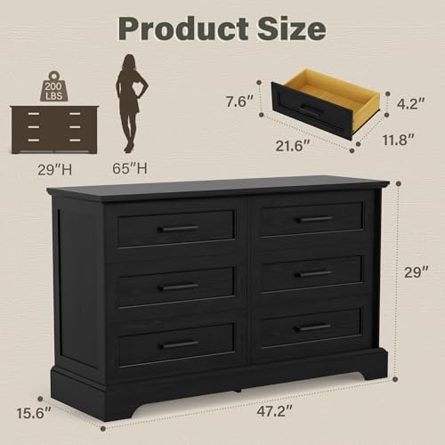 YESHOMY Dresser for Bedroom, Farmhouse 6 Drawers Dressers, Black