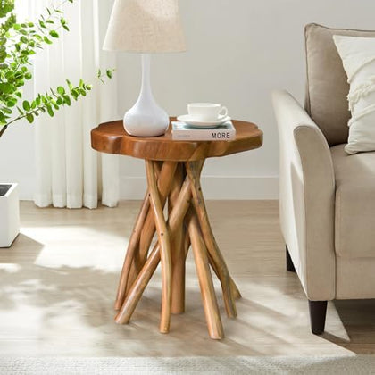 WELLAND Solid Teak Live Edge End Table, Petal Accent Table