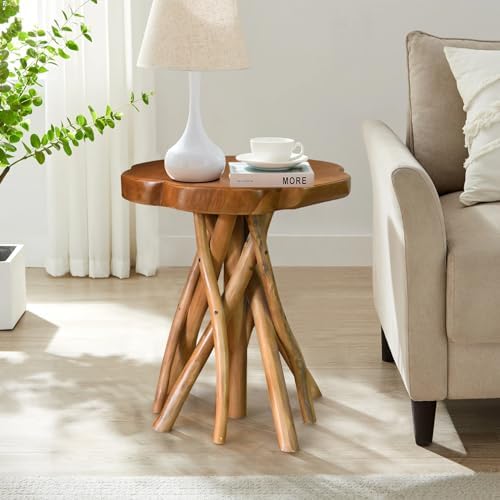 WELLAND Solid Teak Live Edge End Table, Petal Accent Table