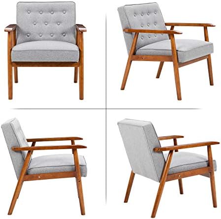 UNICOO – Leisure Chair Solid Wood Armrest Accent Chair, Fabric Upholstered Wo...