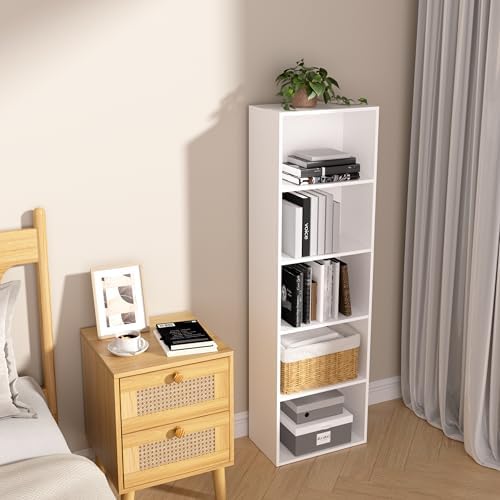 Wooden 5 Cube Storage Organizer, White 5 Tier Bookcase Bookshelf Freestanding...