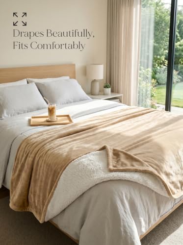 Utopia Bedding Reversible Plush Sherpa Blanket Queen Size Camel, 90x90 Inch