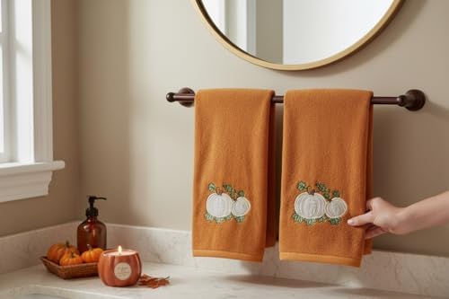 Fall Rust Bathroom Guest Hand Towels, Embroidered Pumpkin Leaf, 16x25 " | Set of 2, 100% Cotton Velour, Autumn Farmhouse Decor for Bath or Kitchen, Perfect for Parties & Gifts